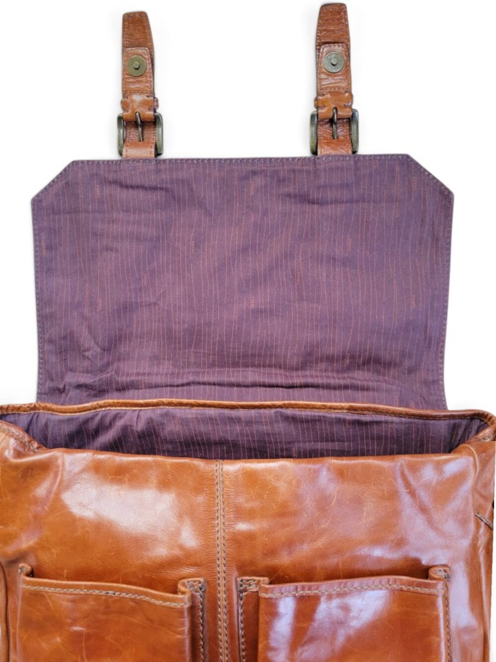 Fossil Cognac Brown Leather Messenger Bag with Adjustable Strap and Pockets - Picture 11 of 16